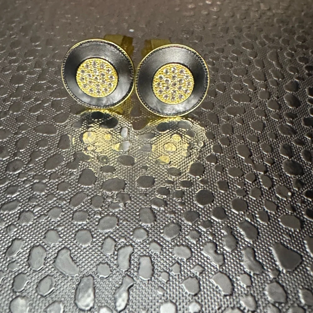 Men’s Cufflinks Freida Rothman factory, matte gold clear CZ black matte circular